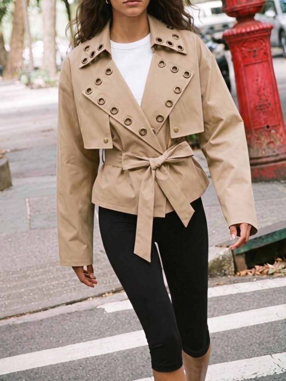Tan Grommet Trench Jacket with Belted Waist